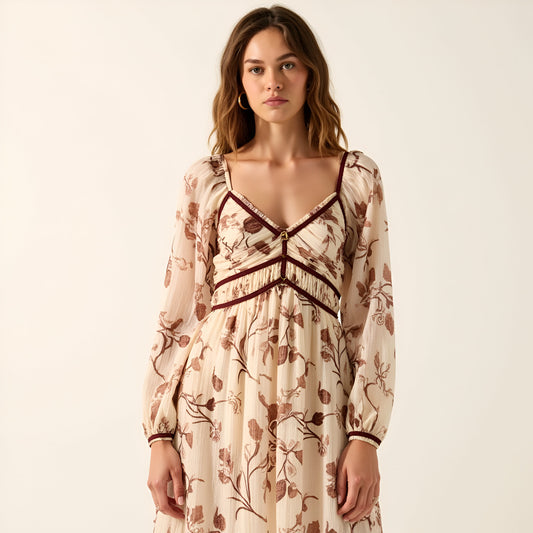 Long Sleeve Floral Print Maxi Dress with Velvet Trim and Slit