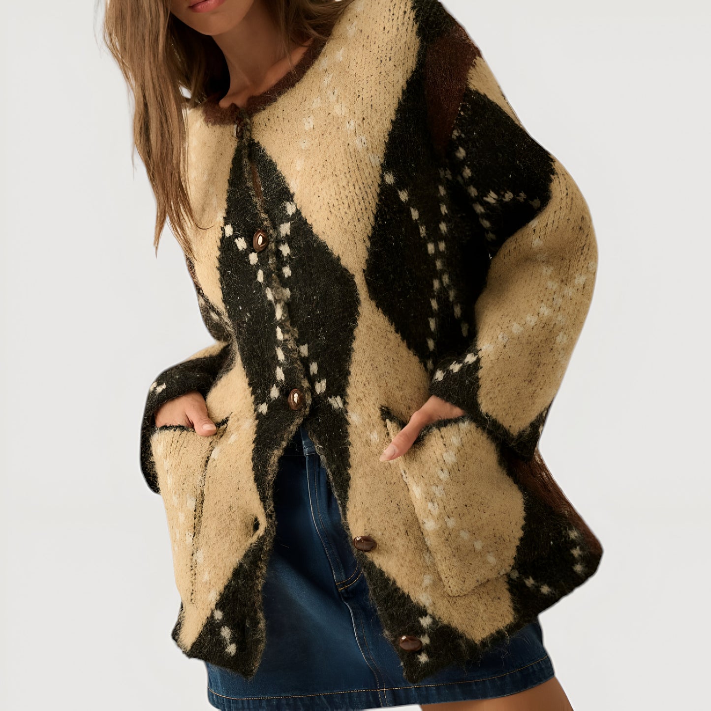 Argyle Button Front Cardigan with Long Sleeves and Front Patch Pockets