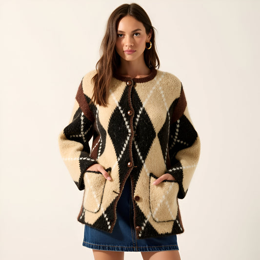 Argyle Button Front Cardigan with Long Sleeves and Front Patch Pockets