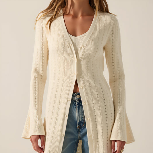 Pointelle Ribbed Knit Duster Cardigan with Trumpet Cuffs and Ruffle Hem