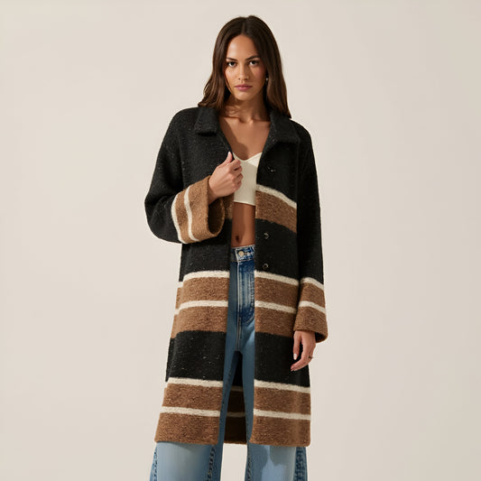 Colorblock Stripe Confetti Knit Cardigan Sweater with Oversize Collar and Wide Sleeves