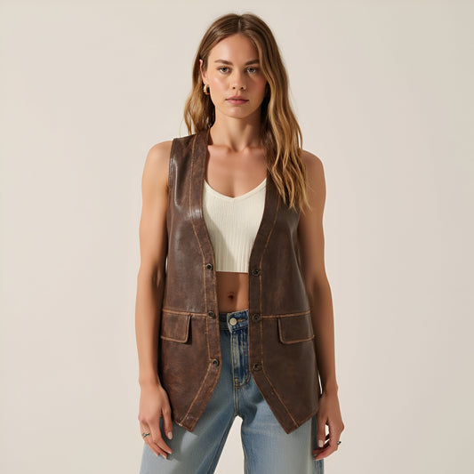 Faux Leather Vest with Snap Buttons, Piping Trim and Peaked Hem