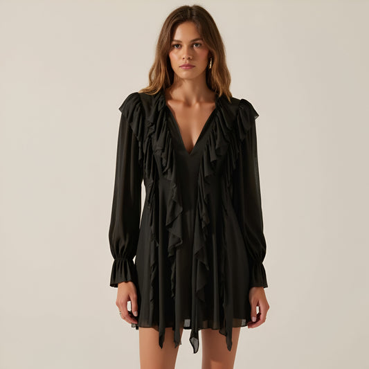 Solid Knit Romper with V-Neck Tie Closure, Cascading Ruffles and Long Bubble Sleeves