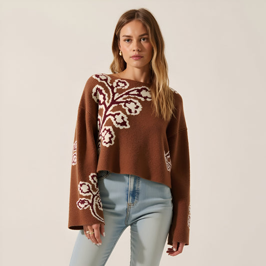 Floral Jacquard Knit Sweater with Boat Neckline and Drop Shoulder Wide Sleeves