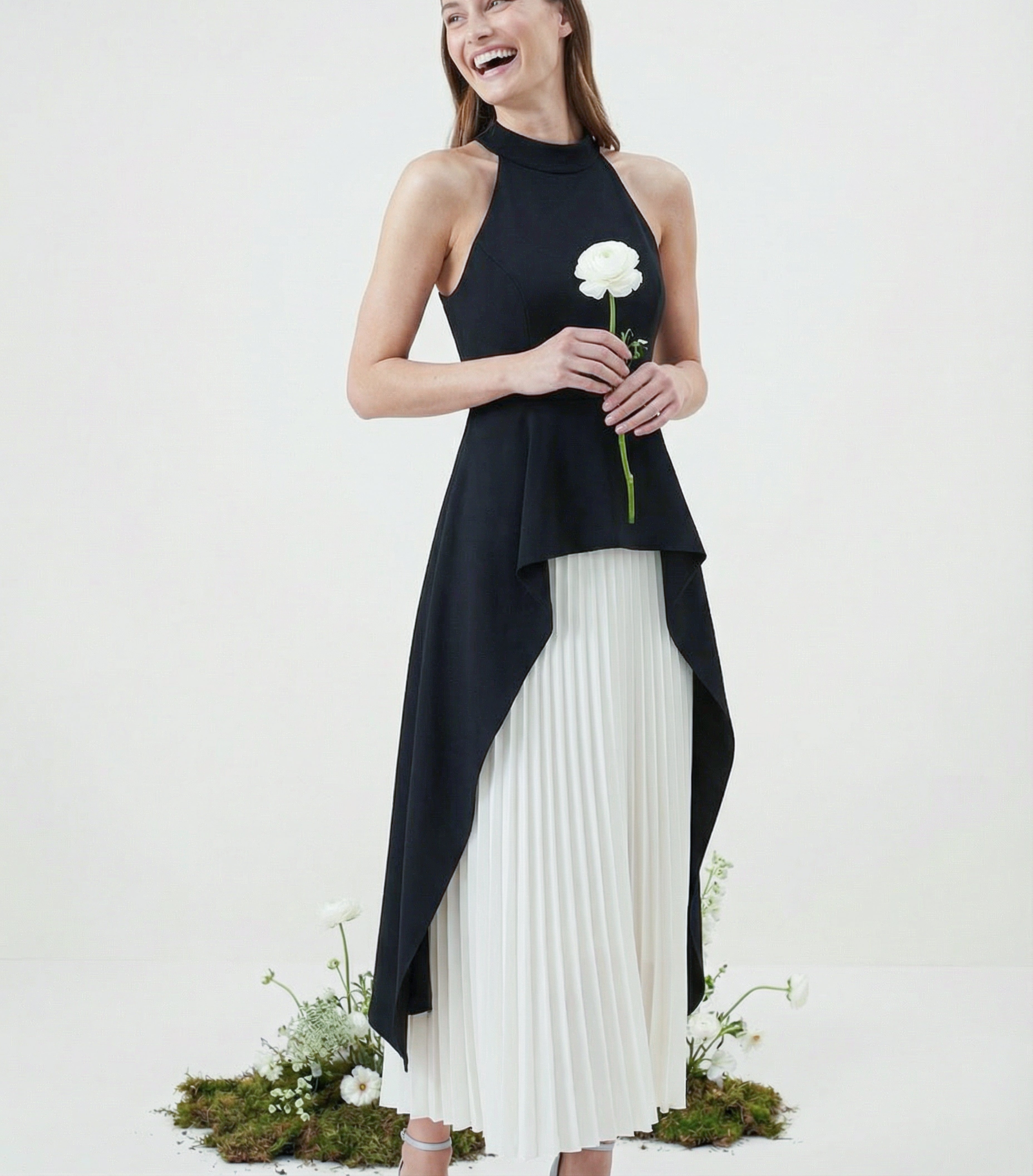 Pleated Midi Dress with Bustier Bodice and Adjustable Straps Detail –  Modenaire