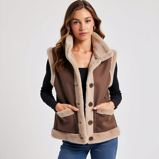 Faux Shearling Trim Vest with Button Front and Patch Pockets
