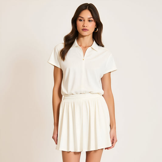 Short Sleeve Zip-Front Collared Romper with Elastic Waist and Flared Hem