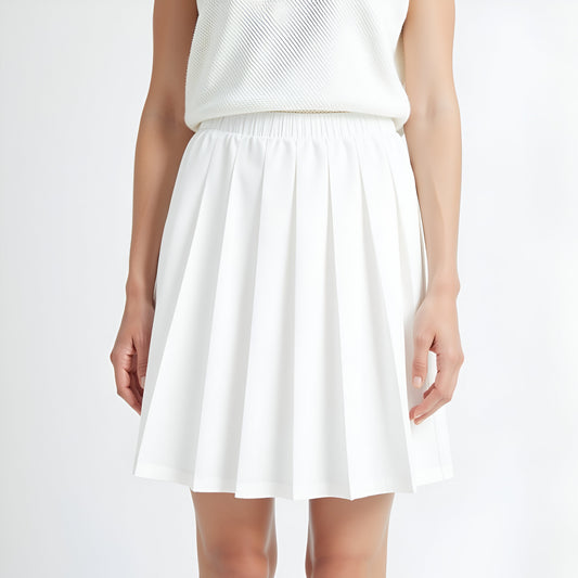 Pleated Mini Skirt with Elastic Waistband in Structured Woven Fabric