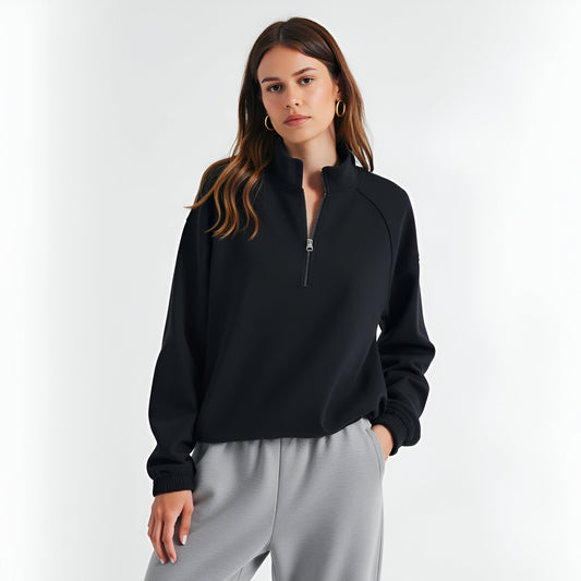 Scuba Quarter Zip Pullover Sweatshirt with Stand Collar and Ribbed Cuffs