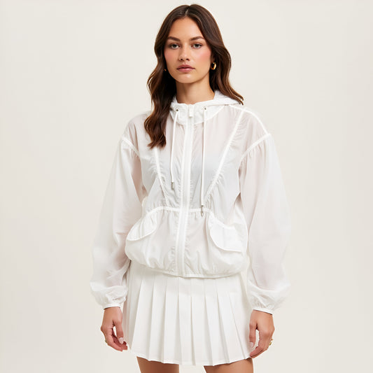 Sheer Zip-Up Hooded Windbreaker with Drawstring Waist and Patch Pockets