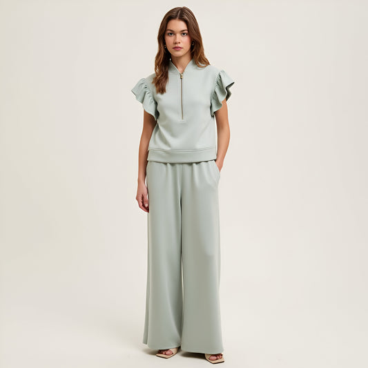 Scuba Flutter Sleeve Half-Zip Top and Wide Leg Relaxed Pants Lounge Set