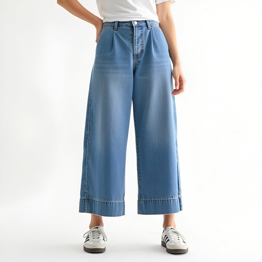 Wide Leg Cropped Denim Pants with High Waist and Cuffed Hem