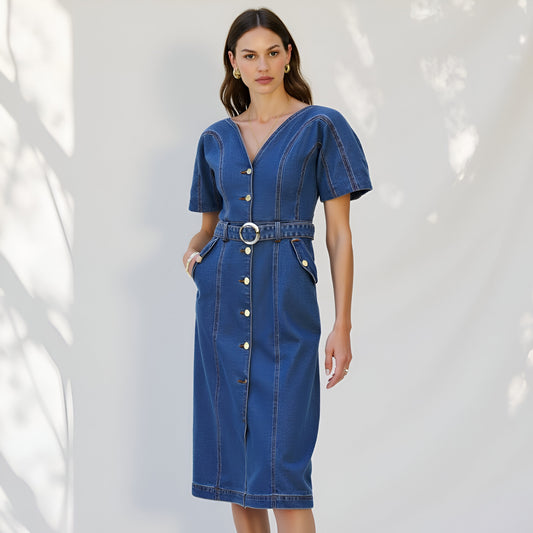 Denim Button-Front Midi Dress with Belt and Short Puff Sleeves