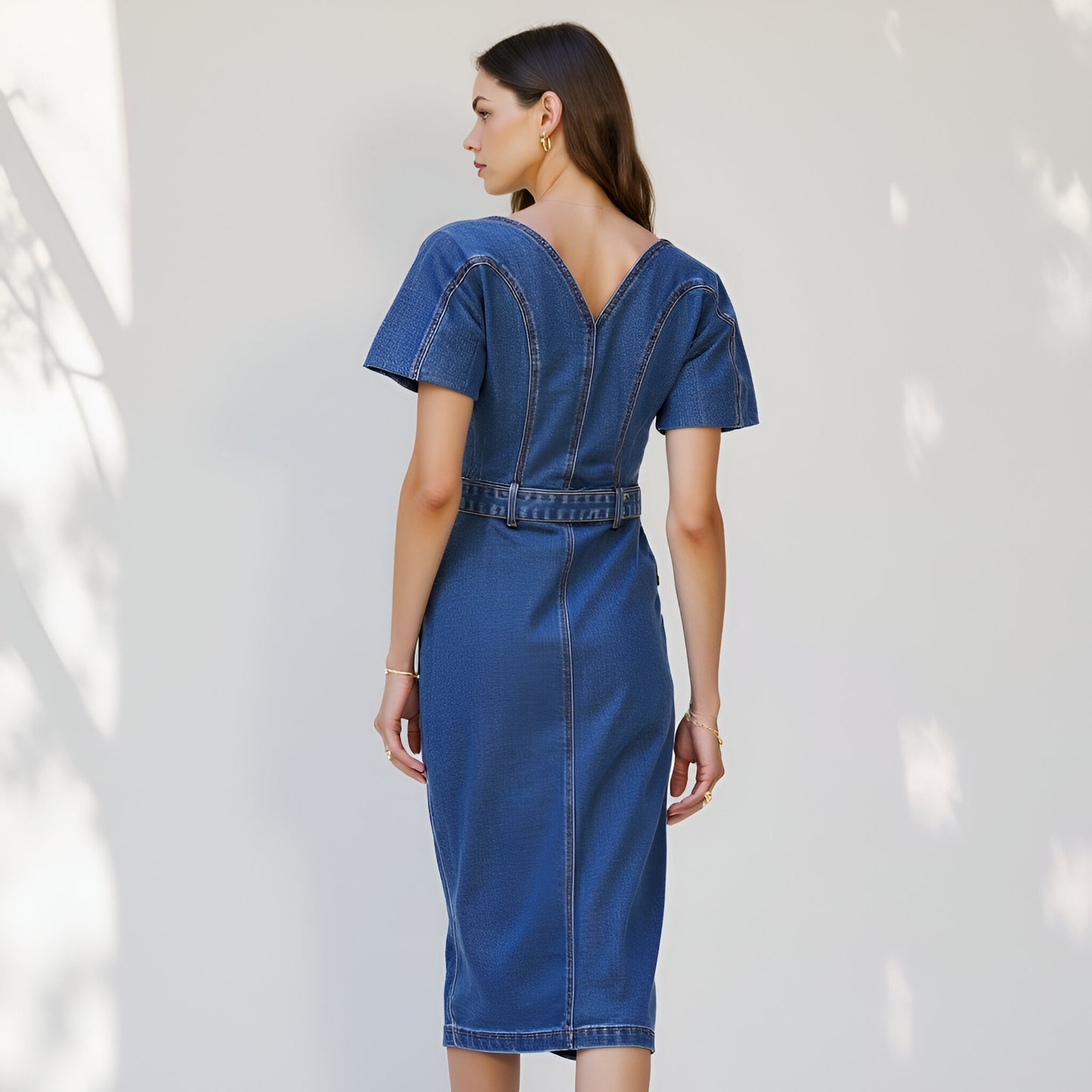 Denim Button-Front Midi Dress with Belt and Short Puff Sleeves