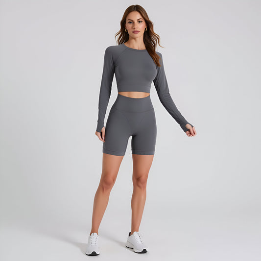 Long Sleeve Seamless Crop Top and High Waist Biker Shorts Active Set