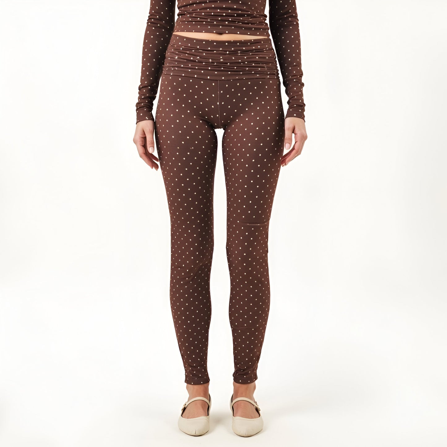 Polka Dot Print High Waist Full-Length Leggings with Wide Waistband