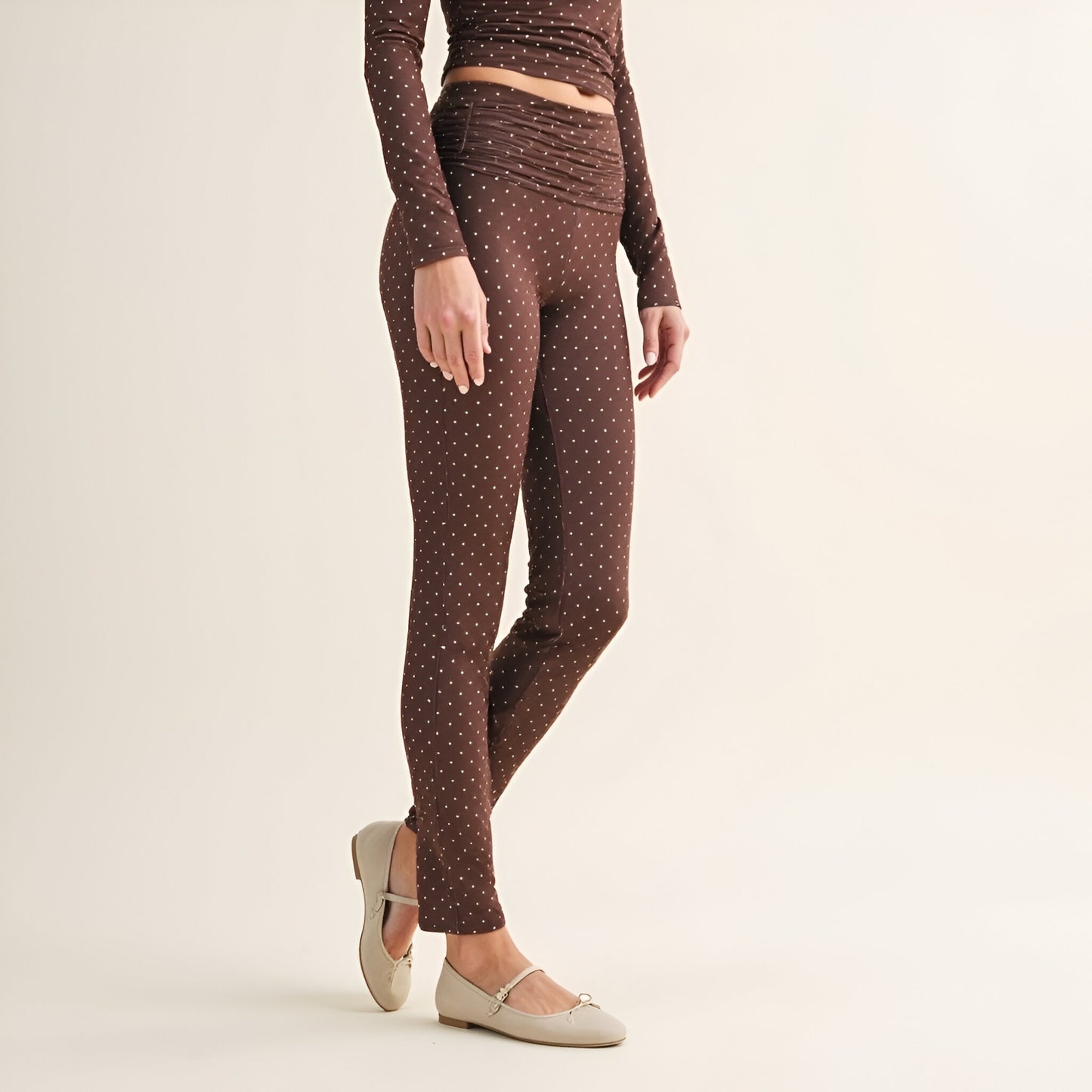 Polka Dot Print High Waist Full-Length Leggings with Wide Waistband