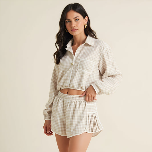 Gingham Pleated Running Shorts with Contrast Trim and High Elastic Waistband