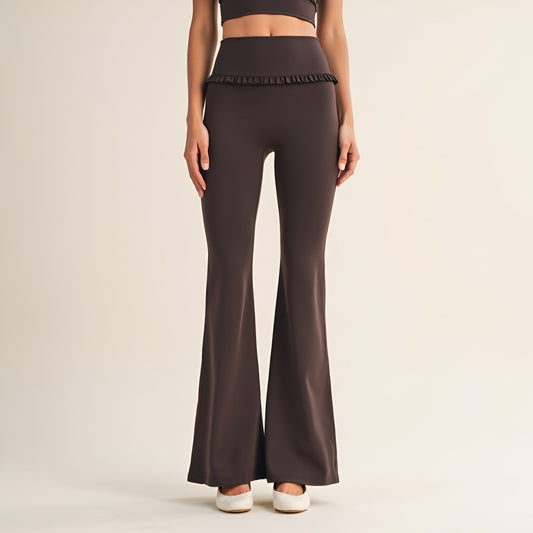 High Waist Flare Pants with Ruffle Trim Waist and Stretch Fit