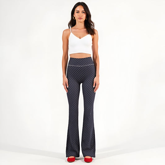 Polka Dot Flare Leg Pants with High Waistband and Contrast Stitch Detail