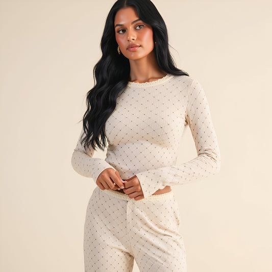 Heart Dot Lounge Set with Long Sleeve Lettuce Hem Top and Wide Leg Pants