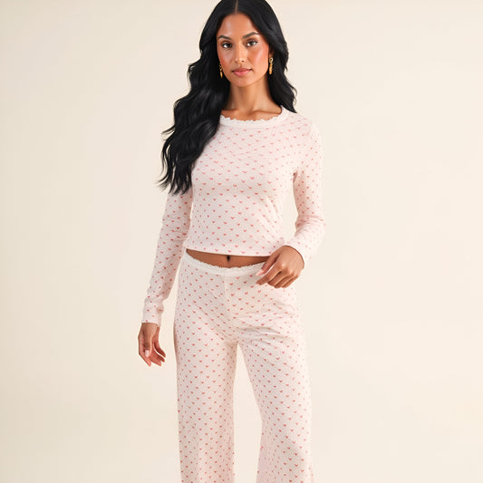 Heart Dot Lounge Set with Long Sleeve Lettuce Hem Top and Wide Leg Pants