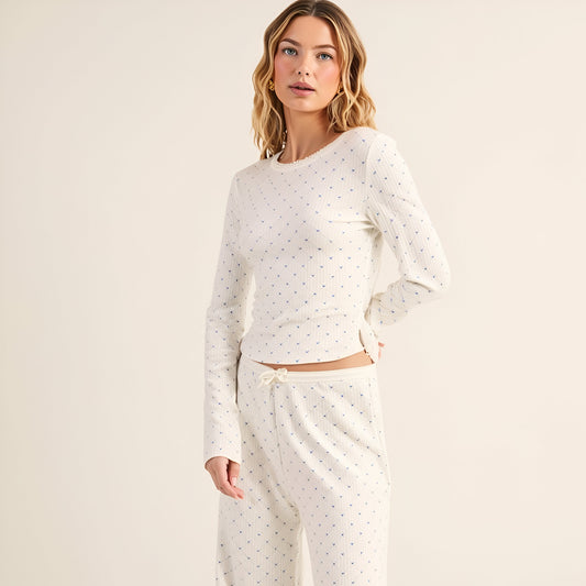 Heart Print Pointelle Lounge Set With Picot Lace Trim