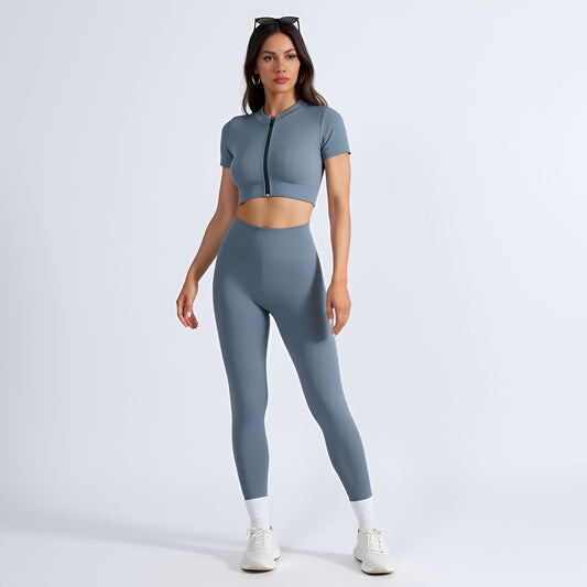 Ribbed Short Sleeve Zip-Front Crop Top & High Waist Leggings Set