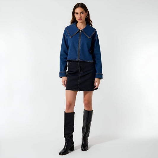 Cropped Denim Jacket with Oversized Point Collar and Front Zip Closure