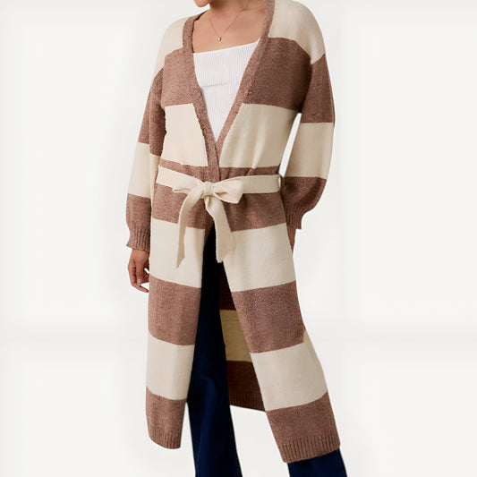 Stripe Belted Long Cardigan with Open Front and Ribbed Cuffs