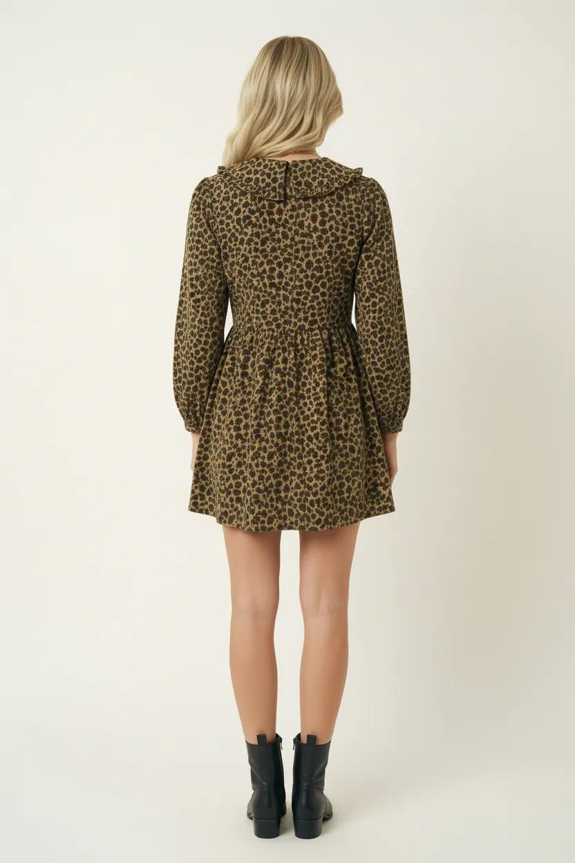 knee length dresses for ladies Leopard Print Long Sleeve Mini Dress with Oversized Collar – Modenaire