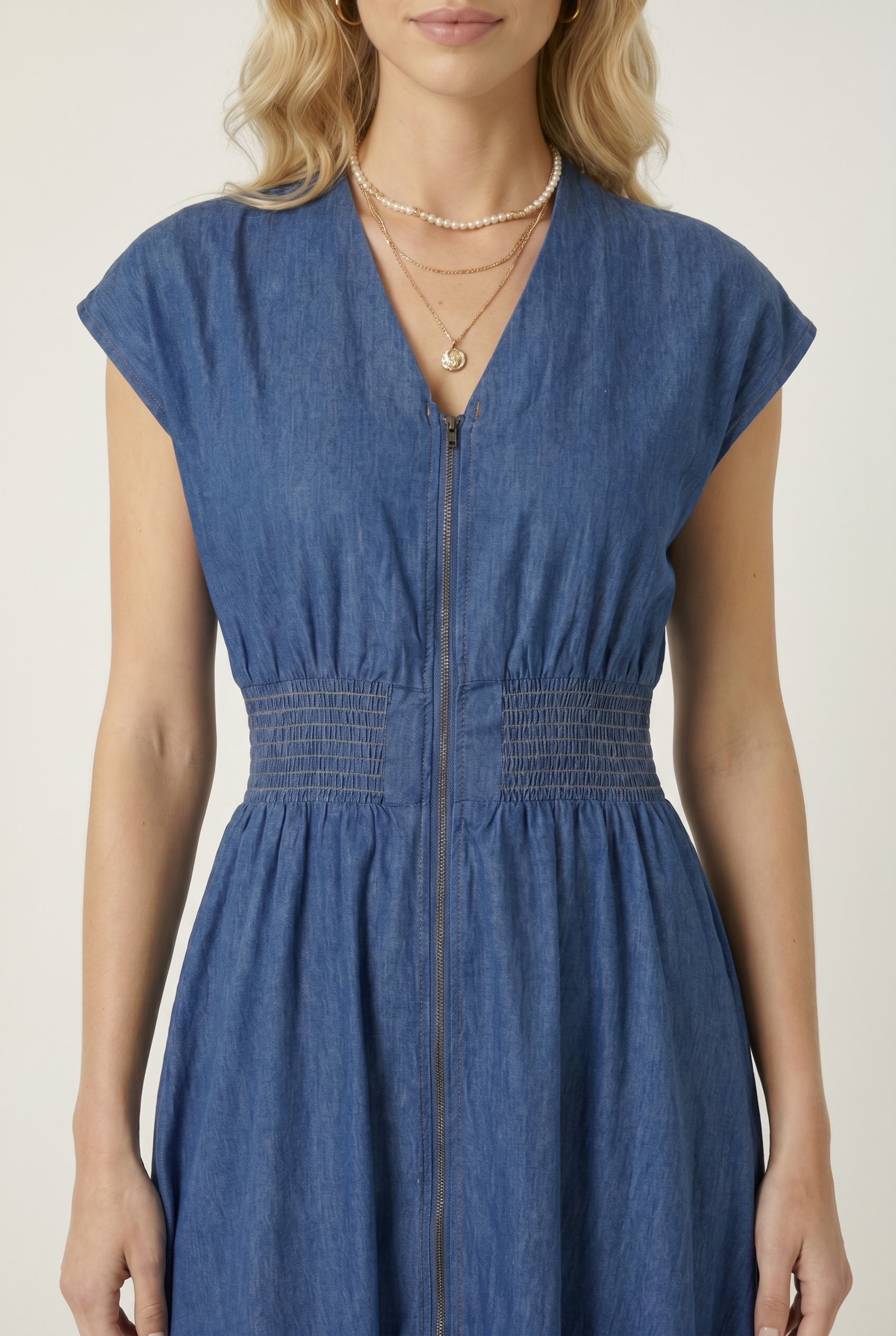 adelaide zip denim midi dress Sleeveless Denim Midi Dress with V Neckline Zip Front Closure Smocked –  Modenaire