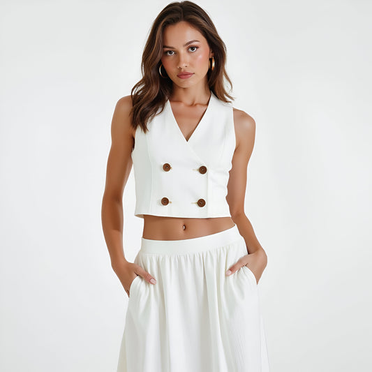 Cropped Double-Breasted Vest Top and Elastic Waist Maxi Skirt Set