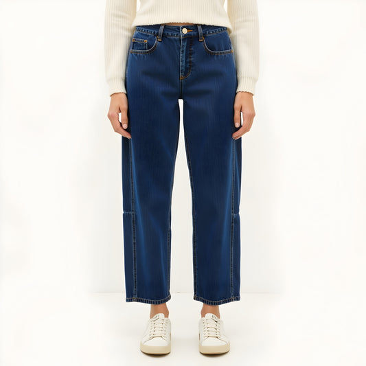 Barrel Leg Denim Pants with Contrast Seams, High Waist and Pockets