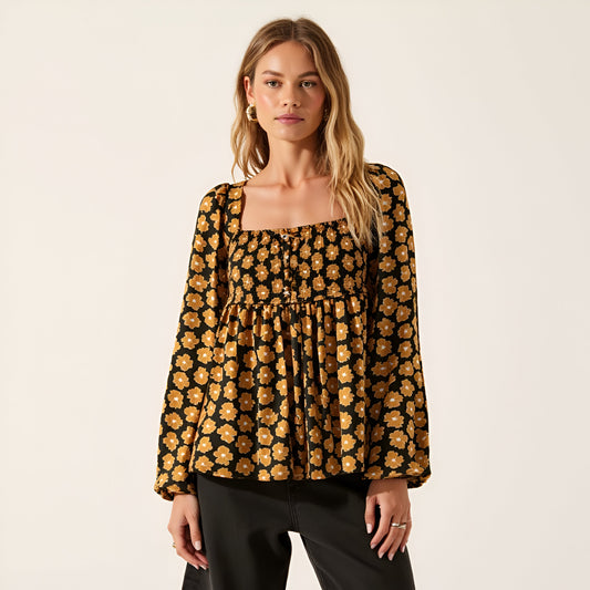 Floral Print Smocked Bodice Long Sleeve Top with Square Neckline