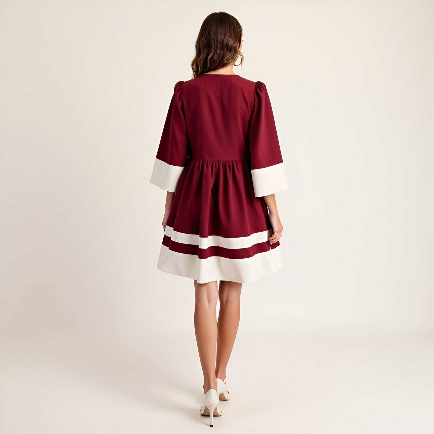 Fit and Flare Mini Dress with Contrast Cuff, Hemline and Notch Neck