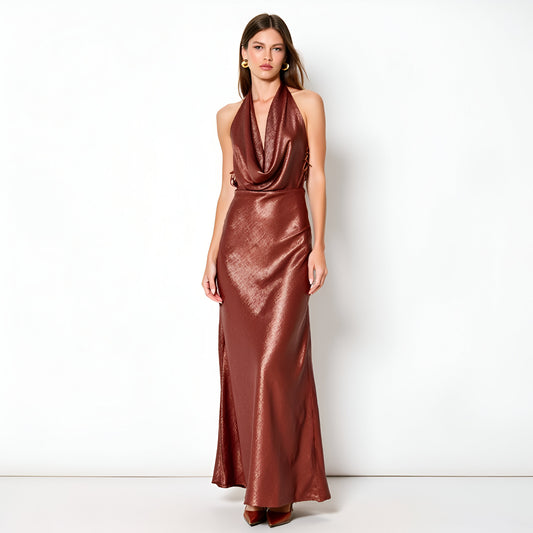 Shimmer Cowl Neck Gown with Halter Tie and Side Lace-Up Detail