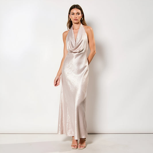 Shimmer Cowl Neck Halter Gown with Open Back and Floor-Length Skirt