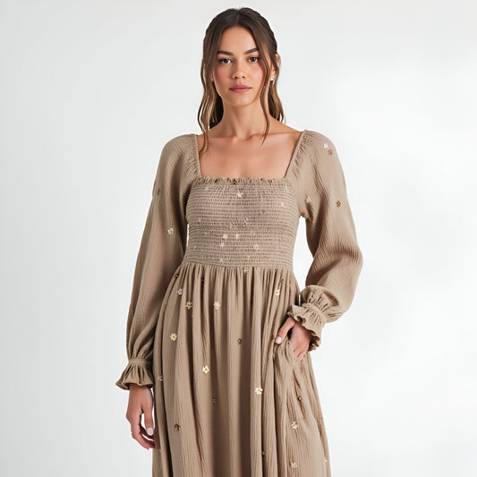 Floral-Embroidered Smocked Maxi Dress with Tiered Skirt and Open Back