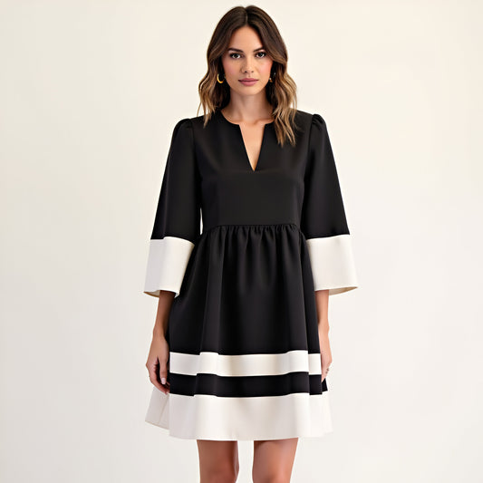 Fit and Flare Mini Dress with Contrast Trim, Cuffed Sleeves and V-Neck