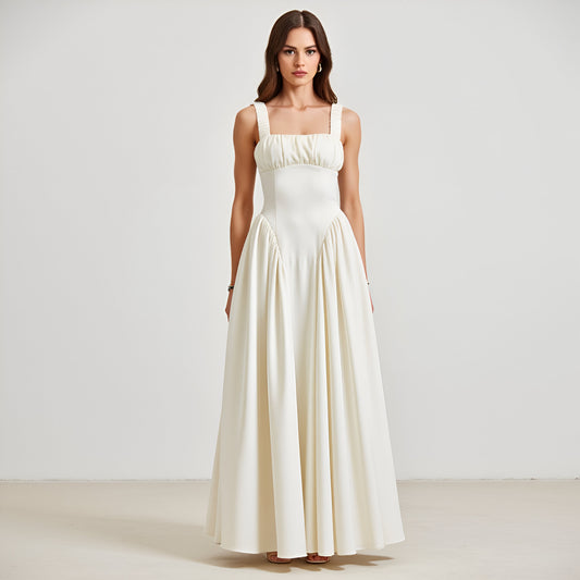 Square Neck Empire Waist Gown with Gathered Bust and Full Skirt