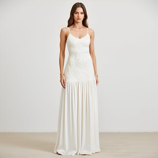 Lace Bodice Gown with Spaghetti Straps and Flowing Pleated Skirt