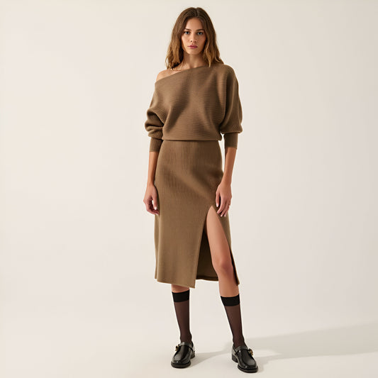 Rib-Knit One-Shoulder Dolman Midi Sweater Dress