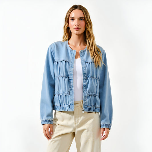 Denim Long Sleeve Jacket with Tiered Front Panels and Elastic Hem