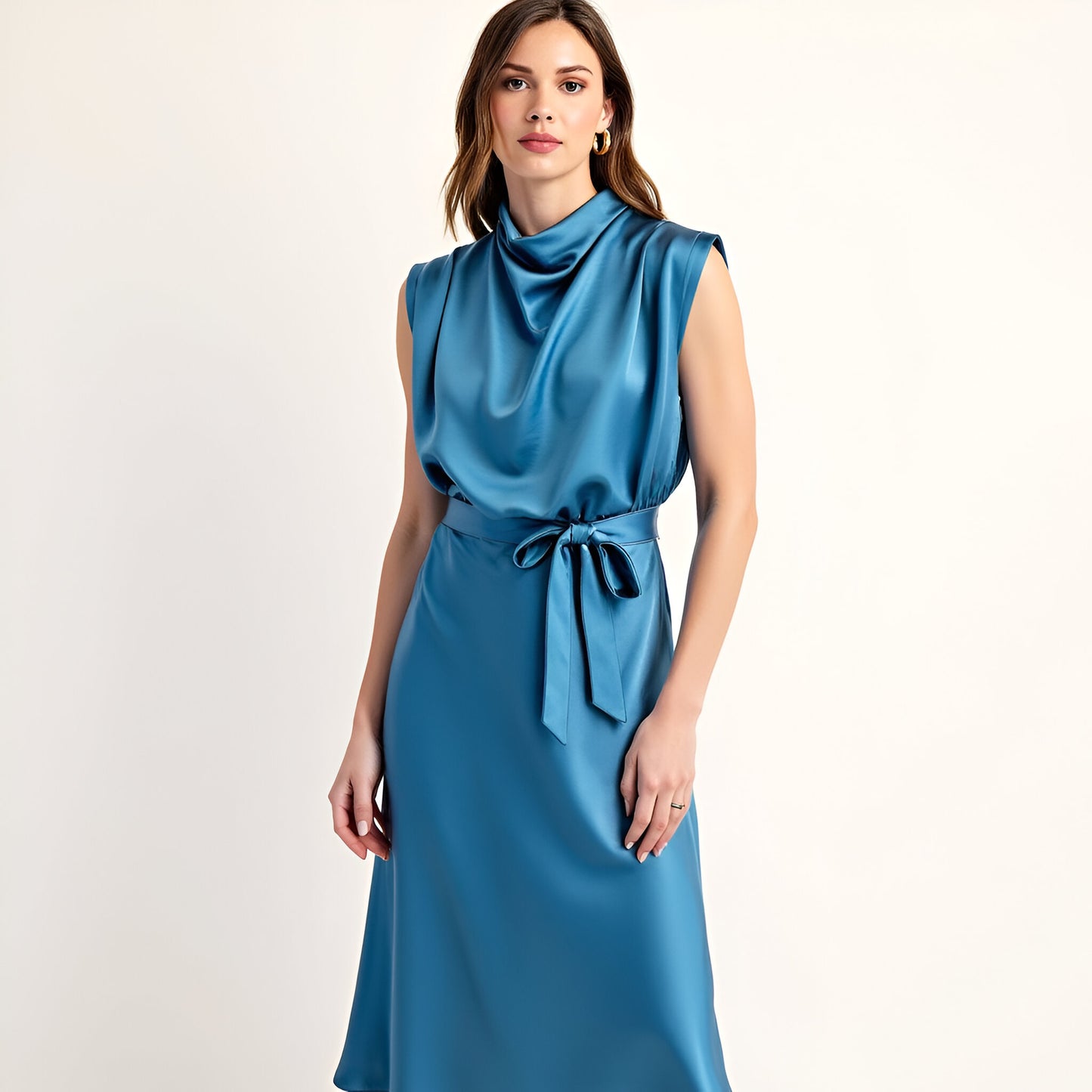 Sleeveless Satin Midi Dress with Cowl Neck and Waist Tie Detail