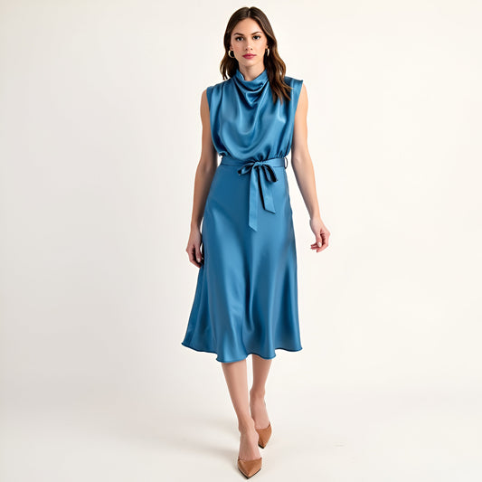Sleeveless Satin Midi Dress with Cowl Neck and Waist Tie Detail
