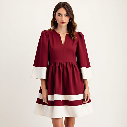 Fit and Flare Mini Dress with Contrast Cuff, Hemline and Notch Neck