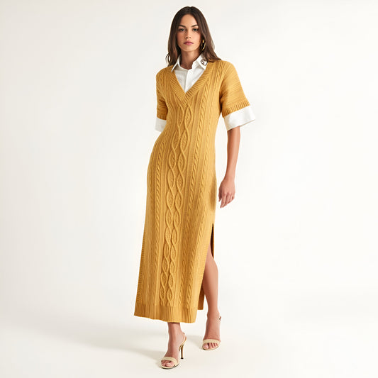 Cable Knit Maxi Dress with Short Sleeves and Side Slit Detail