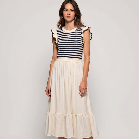 Striped Knit Bodice Dress with Ruffle Sleeves and Tiered Skirt
