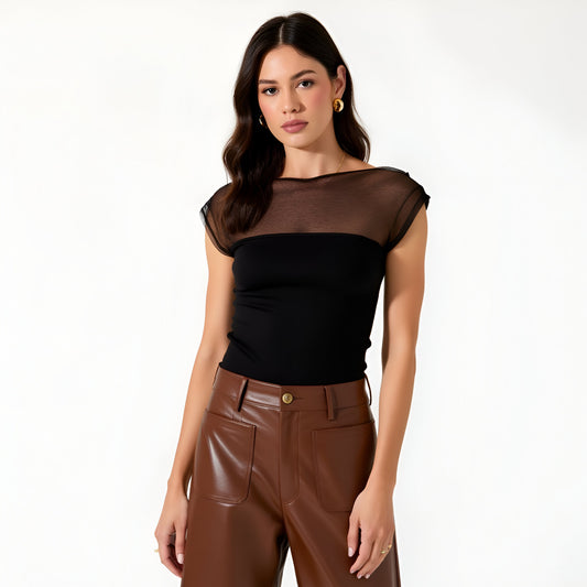 Sheer Mesh Shoulder Boatneck Top with Fitted Bodice and Cap Sleeve Detail